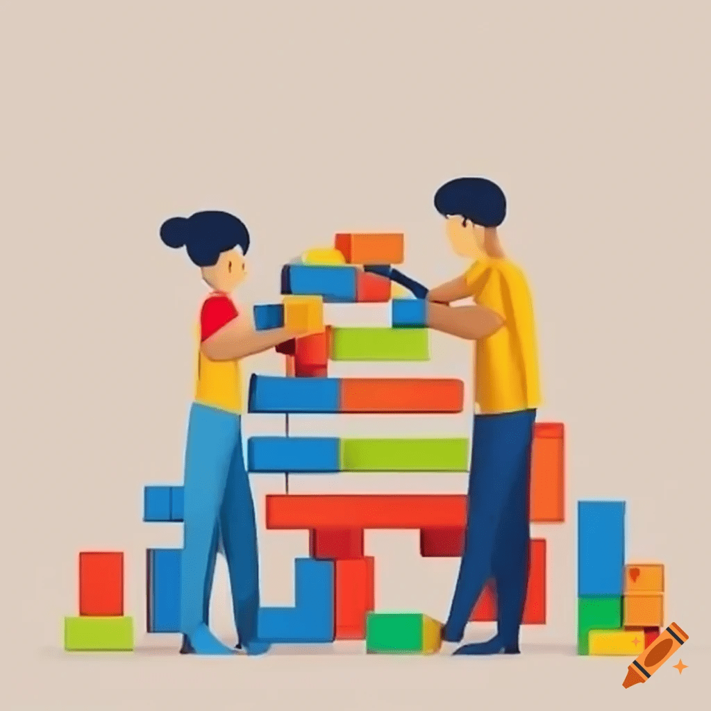 AI-generated image of two people working together to create the building blocks of a new project.